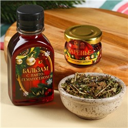 Подарочный набор новогодний «Будьте здоровы»: чай 20 г, варенье из сосновых шишек 30 г, бальзам 100 мл.