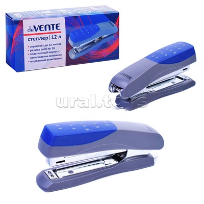 Степлер "Duos" № 10 (мощность 12 листов, глубина скрепления 60 мм) пластиковый с каучуковой вставкой, в картонной коробке, серый с синим