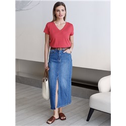 Джинсовая юбка миди с разрезом из эластичного денима