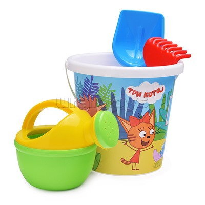Песочный набор "Три кота" №14: Ведро с наклейкой, лопатка №5, грабельки №5, лейка малая №4
