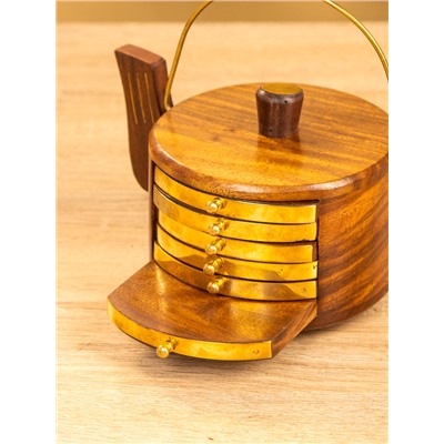 Подставка под горячее «Чайник», с золотыми вставками, набор 6 шт., 10×12×8 см, дерево шишам