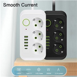 Сетевой фильтр удлинитель 3 розетки, 4 USB, 1 Type-C ,2 метра,  выключатель, черный