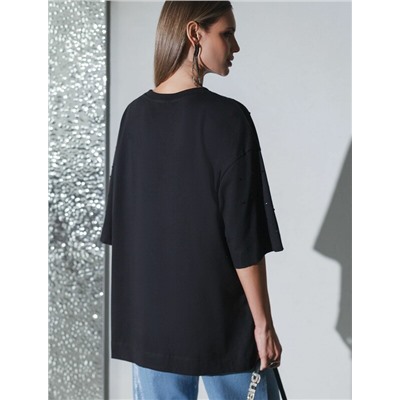 Футболка оверсайз с принтом стразами из премиального хлопка с эластаном