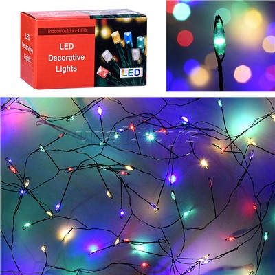 Электрогирлянда 3м, 100 ламп, цветная, зеленый провод