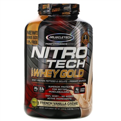 Muscletech, Nitro Tech, 100% Whey Gold (100% сыворотка), французский ванильный крем, 2,51 кг (5,53 фунта)