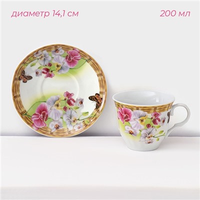 Набор чайный керамический на металлической подставке Доляна «Садовый дворик», 13 предметов: 6 чашек 200 мл, 6 блюдец d=14.1 см, чайник 1 л ㅤ