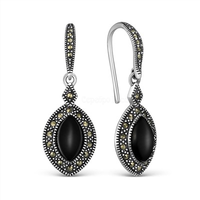 Серьги из чернёного серебра с нат. ониксом и марказитами 925 пробы ME01237BX-V2