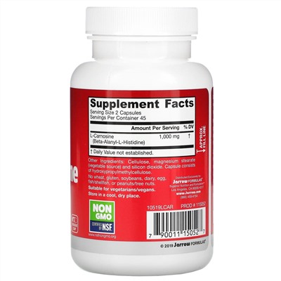 Jarrow Formulas, L-карнозин, 90 растительных капсул