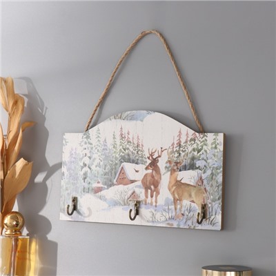 Настенные крючки декоративные «Олени у заснеженного домика», дерево, 23×15 см