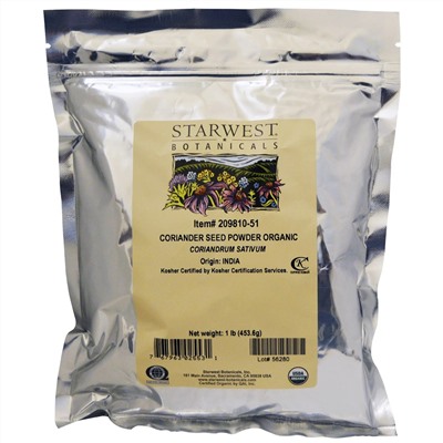 Starwest Botanicals, Органические семена кориандра в порошке, 1 фунт (453,6 г)