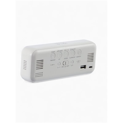 Часы - будильник электронные, настольные, календарь, термометр, гигрометр, 16.8×6.6 см, белые