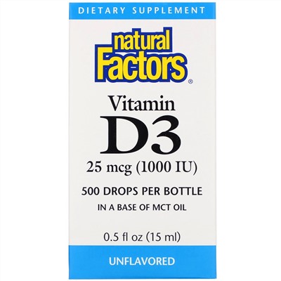 Natural Factors, Витамин D3 в каплях, без ароматизаторов, 25 мкг (1000 МЕ), 15 мл (0,5 жидкой унции)
