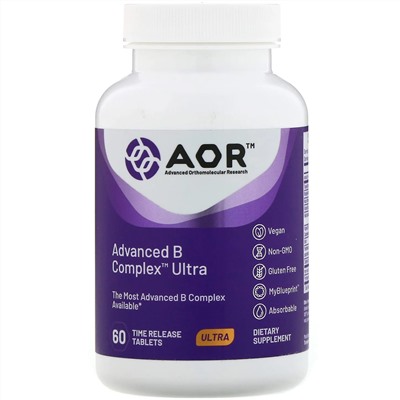 Advanced Orthomolecular Research AOR, Advanced B Complex Ultra, улучшенный ультракомплекс витаминов группы В, 60 таблеток с медленным высвобождением
