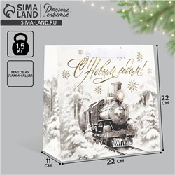 Пакет подарочный новогодний ламинированный квадратный «Новогодний поезд», 22×22×11 см