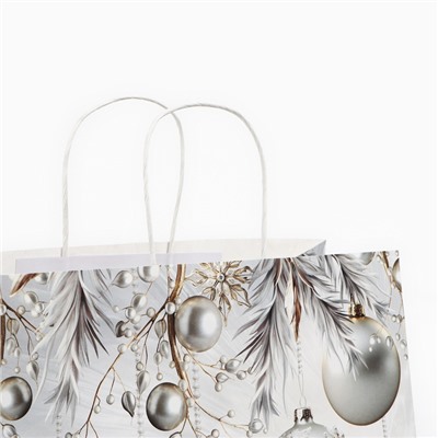 Пакет подарочный новогодний «Новогодние шары», белый крафт, 32×28×15 см