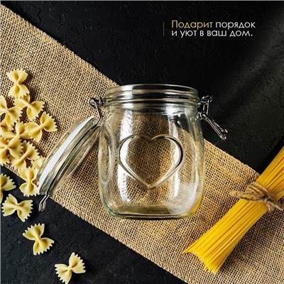 Банка для сыпучих Доляна «Сердце», 850 мл, 11×14 см, с бугельным замком, стекло, прозрачная