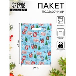 Пакет подарочный новогодний «Новогодняя почта», полиэтиленовый с вырубной ручкой, голубая, 30×40 см