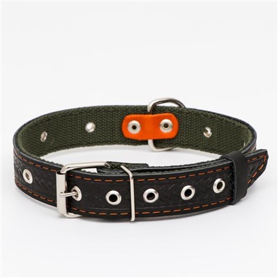 Ошейник комбинированный безразмерный, кожа/брезент, 60×3 см, ОШ 30-57 см, чёрный/зелёный