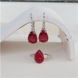 Комплект ювелирной бижутерии коллекция серьги и кольцо 17 р, покрытие: посеребрение, вставка: фианиты, цвет: красный, арт.213.801-17