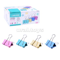 Зажим для бумаг "Pastel" металлический (51 мм) толщина скрепления до 21,5 мм, цветной ассорти, 12 шт в картонной коробке