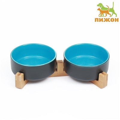 Миски, 450 мл, 28.5×15.5×7 с, 2 шт., на подставке, керамика, серая, голубая