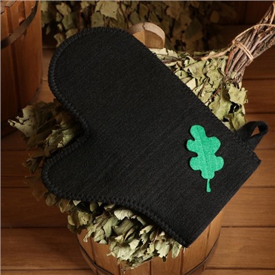 Рукавица для бани с аппликацией «Дубовый лист», полиэфир, чёрный