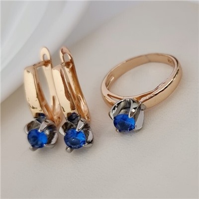 Комплект ювелирной бижутерии коллекция "Дубай" серьги и кольцо 19 р, покрытие позолота, вставка: фианиты, цвет: голубой, арт.313.203-19