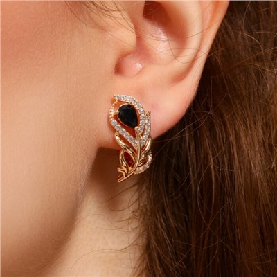 Серьги в форме пера ювелирная бижутерия коллекция "Дубай" покрытие: позолота, вставка: фианиты, цвет: черный, арт.217.247