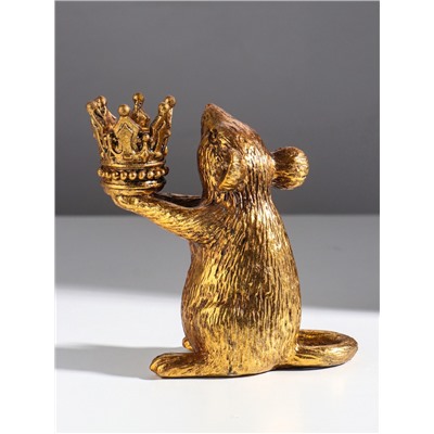 Подсвечник на 1 свечу «Мышка с короной в руках», полистоун, золото, 15.5×8×15.5 см