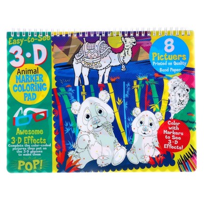 УЦЕНКА Книжка-раскраска многоразовая «Животные» фломастеры 12 цв, 3D очки, бутылочка