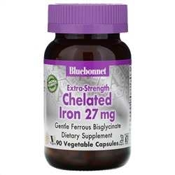 Bluebonnet Nutrition, Хелатное железо усиленного действия, 27 мг, 90 растительных капсул