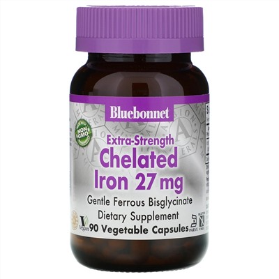 Bluebonnet Nutrition, Хелатное железо усиленного действия, 27 мг, 90 растительных капсул