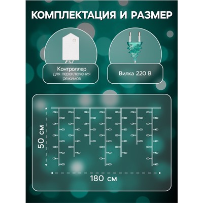 УЦЕНКА Гирлянда «Бахрома», 1.8×0.5 м, с насадками «Ёлки», IP20, 48 LED, 220 В, мигание, прозрачная нить, свечение мульти