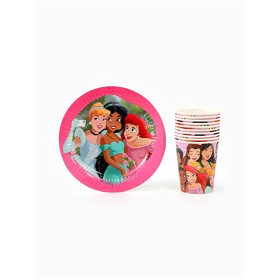 Посуда одноразовая бумажная на 10 персон: стаканы, тарелки, скатерть, Принцессы Дисней