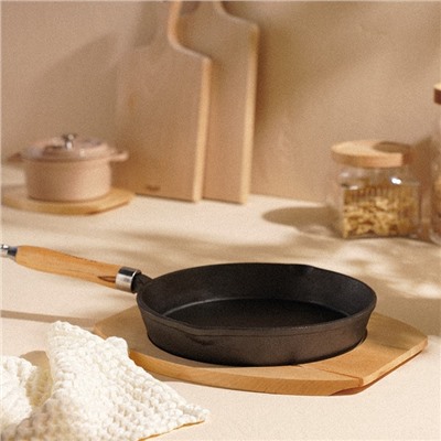 Сковорода SL Home, d=25, h=4.4 см, на деревянной подставке, индукция, чугун, чёрная