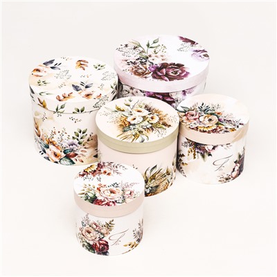 Набор шляпных коробок 5 в 1 «Пёстрые цветы», 22×19.5, 14×13 см