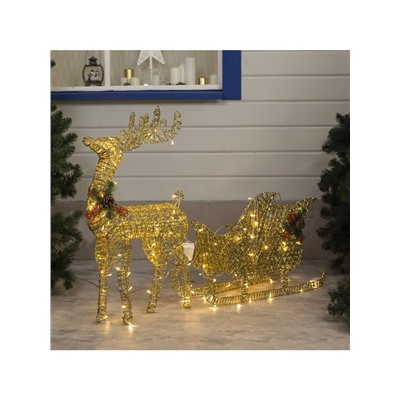 Светодиодная фигура «Олень с санями золотистый», олень: 50×85×18 см, сани: 70×43×22 см, металл, 220 В, свечение тёплое белое