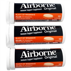 AirBorne, Original, поддержка иммунитета, заряд витамина С, пикантный апельсин, 3 флакона, 10 шипучих таблеток в каждой