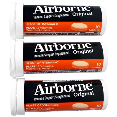 AirBorne, Original, поддержка иммунитета, заряд витамина С, пикантный апельсин, 3 флакона, 10 шипучих таблеток в каждой
