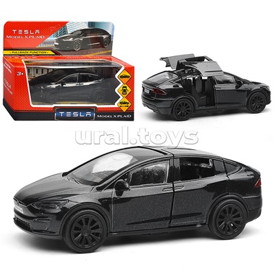 Машина металл Tesla Model X Plaid 12 см, двери, черн, в коробке