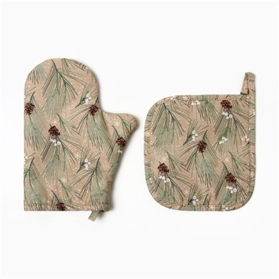 Набор Spruce branches Варежка-прихватка новогодняя 20×28 см, прихватка 19×19 см, 100% хл, ватин 250 г/м²