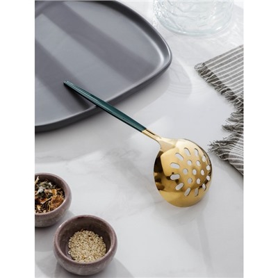 Шумовка из нержавеющей стали Magistro «Грэйс», h=24.5 см, цвет ручки зелёный, цвет головы золотой