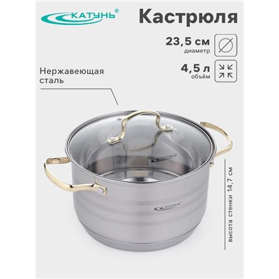 Кастрюля Катунь «ЭЛИС ГОЛД», 4.5 л, 22×13 см, стеклянная крышка, нержавеющая сталь, ручки золотистые