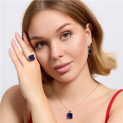 Комплект ювелирной бижутерии серьги, кулон и кольцо 18 р, покрытие посеребрение, вставка: фианит, цвет: синий, арт.313.151-18