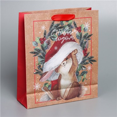 Пакет подарочный новогодний крафтовый «С Новым годом», M 26×30×9 см