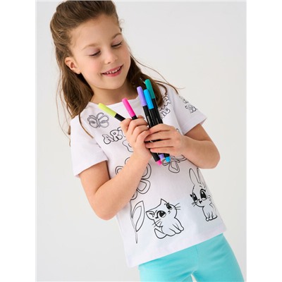 Комплект для девочек: фуфайка трикотажная (футболка), фломастеры для рисования по ткани