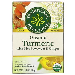 Traditional Medicinals, Органическая куркума с таволгой и имбирем, без кофеина, 16 чайных пакетиков в упаковке, 32 г (1,13 унции)