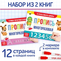 Прописи многоразовые «Напиши и сотри. Пишем буквы и цифры», набор 2 шт. по 12 стр., 2 маркера