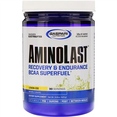 Gaspari Nutrition, Aminolast, Супертопливо BCAA, восстановление и выносливость, лимонный лед, 14,8 унц. (420 г)
