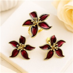 Крупный комплект цветы ювелирной бижутерии Итальянское золото (покрытие желтое 14к), серьги и кольцо 17 р, вставка: витражная красная эмаль, арт.216.407-17